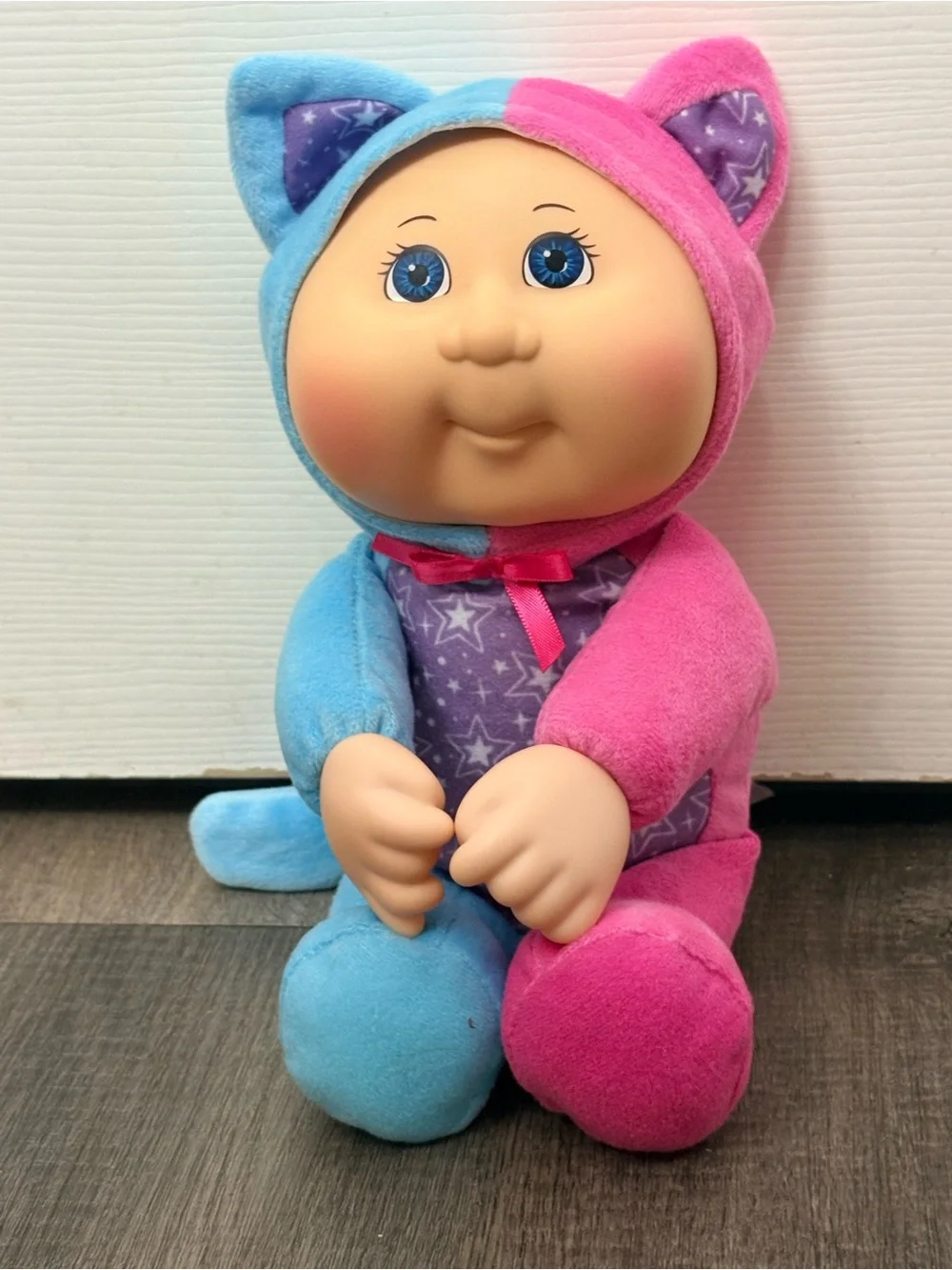 Plush Star-Pattern Baby Doll in Pink, Blue & Purple Hooded Outfit